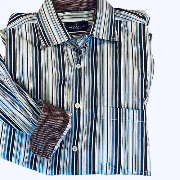 Bugatchi Uomo Flip Collar Cuff Striped Button Down Shirt Blue White Brown L - Picture 1 of 9